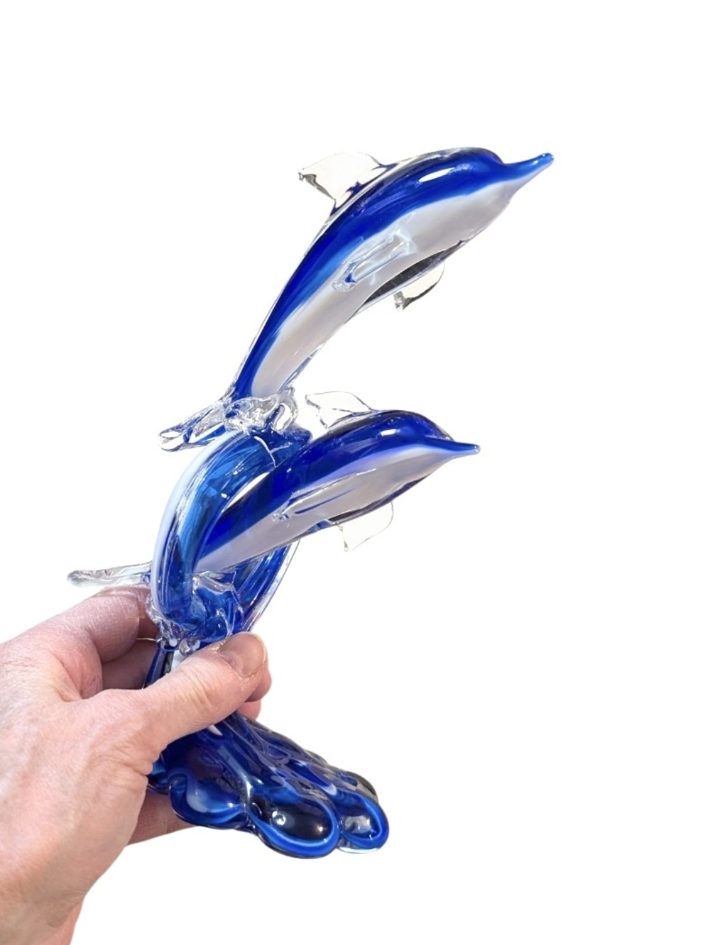 Vintage Murano Style 8.5" Cobalt Blue Glass Leaping Dolphins Art Sculpture
